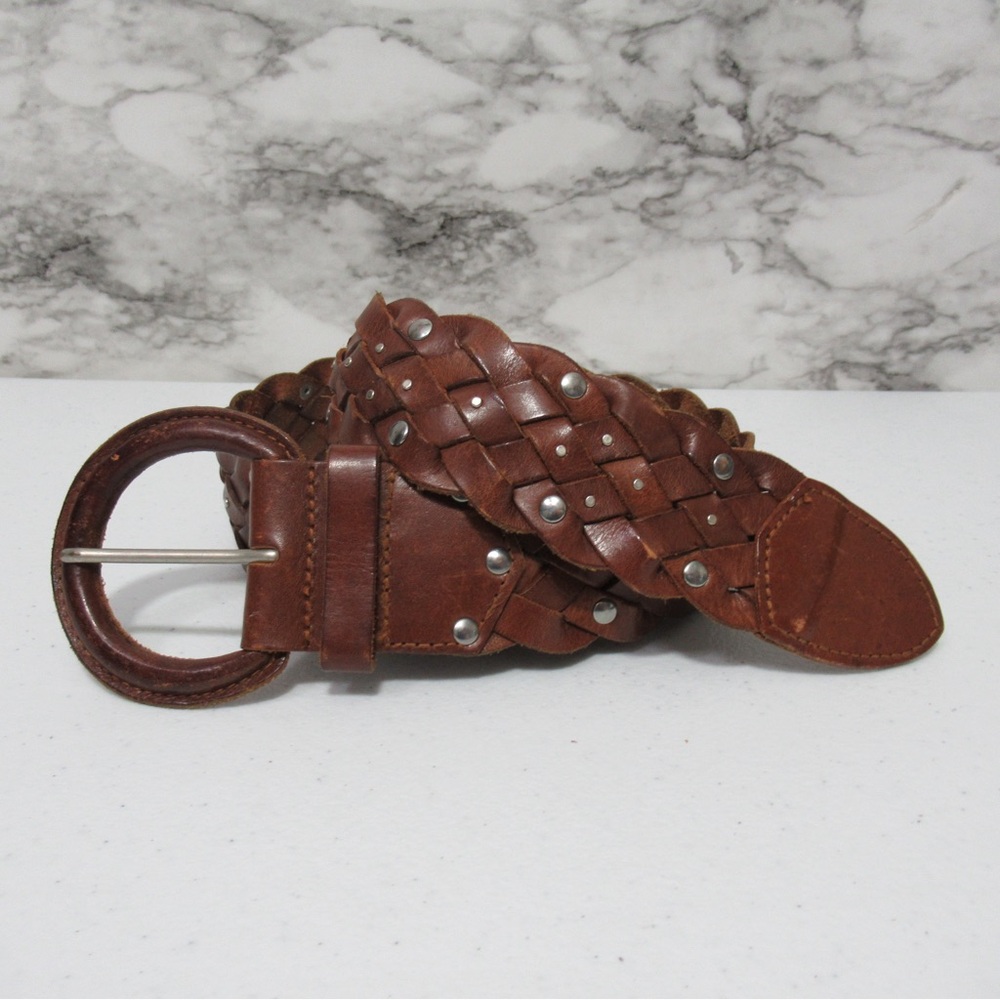 Old Navy Brown Braided Studded Wide Leather Belt Size Medium